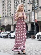 Fashion Popular Floral-Print Falbala Short Sleeve Deep V Neck Maxi Long Dress