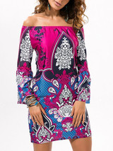 Sexy Floral Bohemia Off Shoulder Long Trumpet Sleeve Bodycon Mini Dress