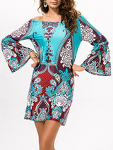 Sexy Floral Bohemia Off Shoulder Long Trumpet Sleeve Bodycon Mini Dress