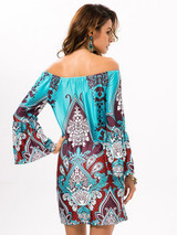 Sexy Floral Bohemia Off Shoulder Long Trumpet Sleeve Bodycon Mini Dress