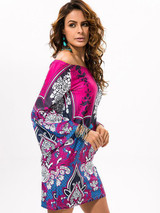 Sexy Floral Bohemia Off Shoulder Long Trumpet Sleeve Bodycon Mini Dress