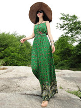 Elegant Floral-Print Slim Fit Stripes Off-Shoulder Lace-Up Maxi Dress