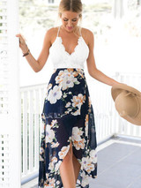 Floral Printed Chiffon And Lace Straps Deep V Neck Midi Dress
