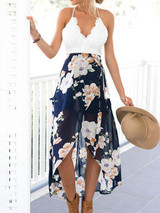 Floral Printed Chiffon And Lace Straps Deep V Neck Midi Dress