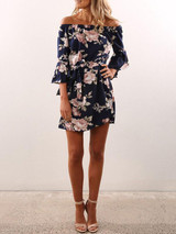 Blue Floral Printed Off-the-shoulder Falbala Mini Dress