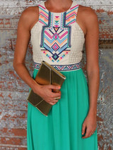 Chiffon Green Floral Printed Round Neck Maxi Dress