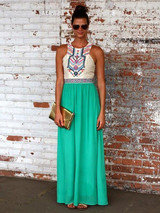 Chiffon Green Floral Printed Round Neck Maxi Dress