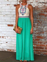 Chiffon Green Floral Printed Round Neck Maxi Dress