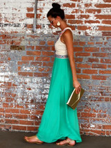 Chiffon Green Floral Printed Round Neck Maxi Dress