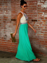 Chiffon Green Floral Printed Round Neck Maxi Dress