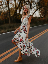 Bohemia Asymmetry Floral V Neck Backless Maxi Dress