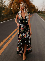Bohemia Asymmetry Floral V Neck Backless Maxi Dress