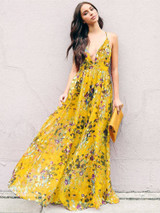 Bohemia Floral V Neck Backless Maxi Dress