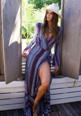 Purple Bohemian Floral Print Irregular Sashes Front Slit High-Low Boho Maxi Dress