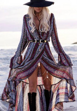 Purple Bohemian Floral Print Irregular Sashes Front Slit High-Low Boho Maxi Dress