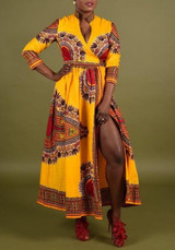Yellow Floral Tribal Print Dashiki Bohemian Irregular Slits V-neck Boho Maxi Dress