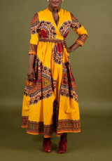 Yellow Floral Tribal Print Dashiki Bohemian Irregular Slits V-neck Boho Maxi Dress