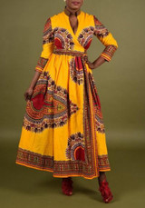 Yellow Floral Tribal Print Dashiki Bohemian Irregular Slits V-neck Boho Maxi Dress