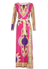 Yellow-Red Tribal Floral Print Sashes Site Slit Bohemian Homecoming Maxi Dress
