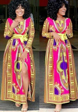 Yellow-Red Tribal Floral Print Sashes Site Slit Bohemian Homecoming Maxi Dress