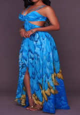 Blue Floral Print Irregular High-low Spaghetti Strap Club Maxi Dress