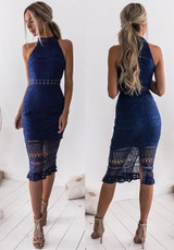 Navy Blue Floral Lace Cut Out Halter Neck Bodycon Graduation Party Midi Dress