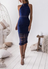 Navy Blue Floral Lace Cut Out Halter Neck Bodycon Graduation Party Midi Dress