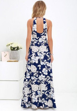 Dark Blue Floral Print Backless Halter Neck High Waisted Bohemian Maxi Dress Dark Blue Floral Print Backless Halter Neck High Waisted Bohemian Maxi Dress