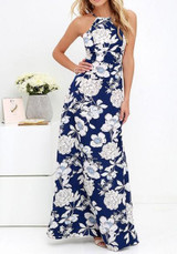 Dark Blue Floral Print Backless Halter Neck High Waisted Bohemian Maxi Dress Dark Blue Floral Print Backless Halter Neck High Waisted Bohemian Maxi Dress