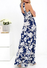 Dark Blue Floral Print Backless Halter Neck High Waisted Bohemian Maxi Dress Dark Blue Floral Print Backless Halter Neck High Waisted Bohemian Maxi Dress