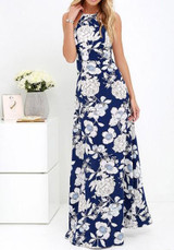 Dark Blue Floral Print Backless Halter Neck High Waisted Bohemian Maxi Dress Dark Blue Floral Print Backless Halter Neck High Waisted Bohemian Maxi Dress