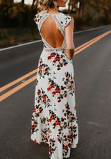 White Floral Ruffle Lace Backless V-neck Short Sleeve Fashion Boho High-low Dress
