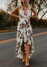 White Floral Ruffle Lace Backless V-neck Short Sleeve Fashion Boho High-low Dress