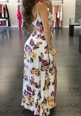 White Floral Spaghetti Strap Drawstring Sashes Ruffle Irregular Off Shoulder Backless Maxi Dress