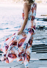 White Floral Spaghetti Straps Draped Plunging Neckline Sleeveless Maxi Dress