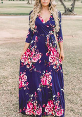 Sapphire Blue Floral Pattern Sashes Draped 3/4 Sleeve Deep V-neck Bohemian Maxi Dress