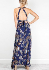 Blue Floral Print Irregular Round Neck Sleeveless Maxi Dress
