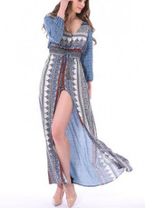 Blue Tribal Floral Frint Drawstring Slit V-neck 3/4 Sleeve Bohemian Maxi Dress