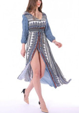 Blue Tribal Floral Frint Drawstring Slit V-neck 3/4 Sleeve Bohemian Maxi Dress