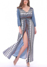 Blue Tribal Floral Frint Drawstring Slit V-neck 3/4 Sleeve Bohemian Maxi Dress