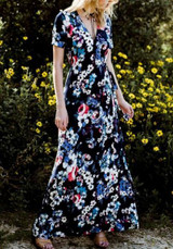 Navy Blue Floral Sashes V-neck Bohemian Maxi Dress