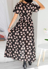 Black Floral Print Irregular Sashes Plunging Neckline Short Sleeve Maxi Dress