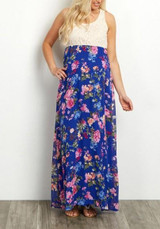 Blue Floral Print Round Neck Sweet Maxi Dress