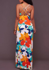 Orange Floral Cross Back Pleated Bodycon Beach Backless Clubwear Bohemian Maxi Dress