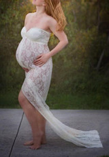 White Floral Lace Slit Bandeau Off Shoulder Maternity Babyshower Elegant Maxi Dress