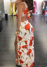 White Floral Tie Back Zipper Backless Side Slit Cut Out Flowy Maxi Dress