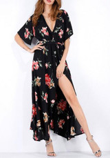Red Floral Cut Out Drawstring V-neck Short Sleeve Maxi Dress