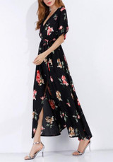 Red Floral Cut Out Drawstring V-neck Short Sleeve Maxi Dress