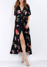Red Floral Cut Out Drawstring V-neck Short Sleeve Maxi Dress