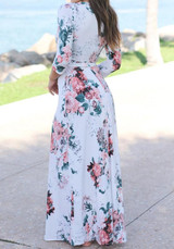 White Floral Sashes 3/4 Sleeve V-neck Bohemian Maxi Dress